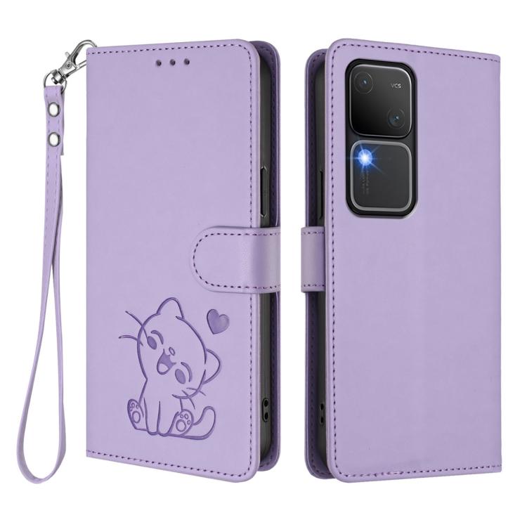 For vivo S18 / S18 Pro / V30 / V30 Pro Embossed Heart Cat Leather Phone Case with Hand Strap