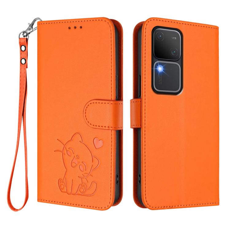For vivo S18 / S18 Pro / V30 / V30 Pro Embossed Heart Cat Leather Phone Case with Hand Strap