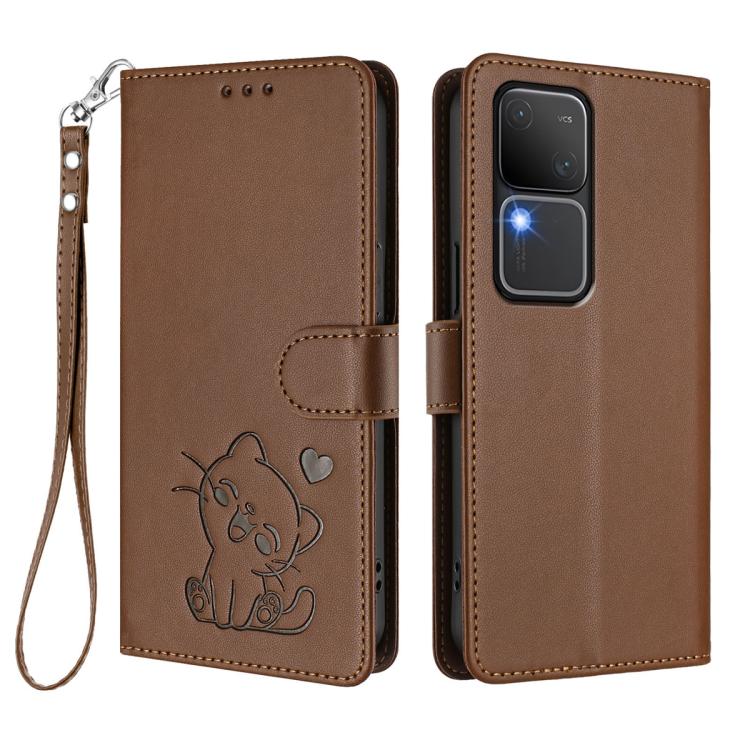 For vivo S18 / S18 Pro / V30 / V30 Pro Embossed Heart Cat Leather Phone Case with Hand Strap