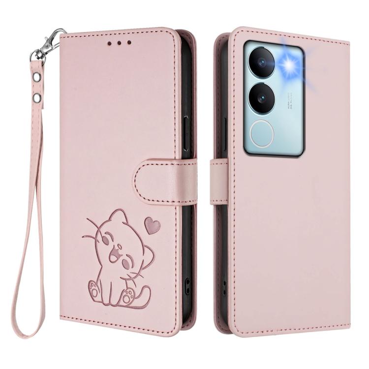 For vivo S17 / S17 Pro / S17t / V29 / V29 Pro Embossed Heart Cat Leather Phone Case with Hand Strap
