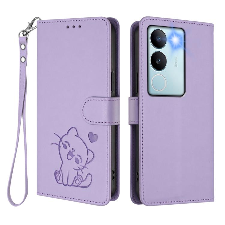 For vivo S17 / S17 Pro / S17t / V29 / V29 Pro Embossed Heart Cat Leather Phone Case with Hand Strap