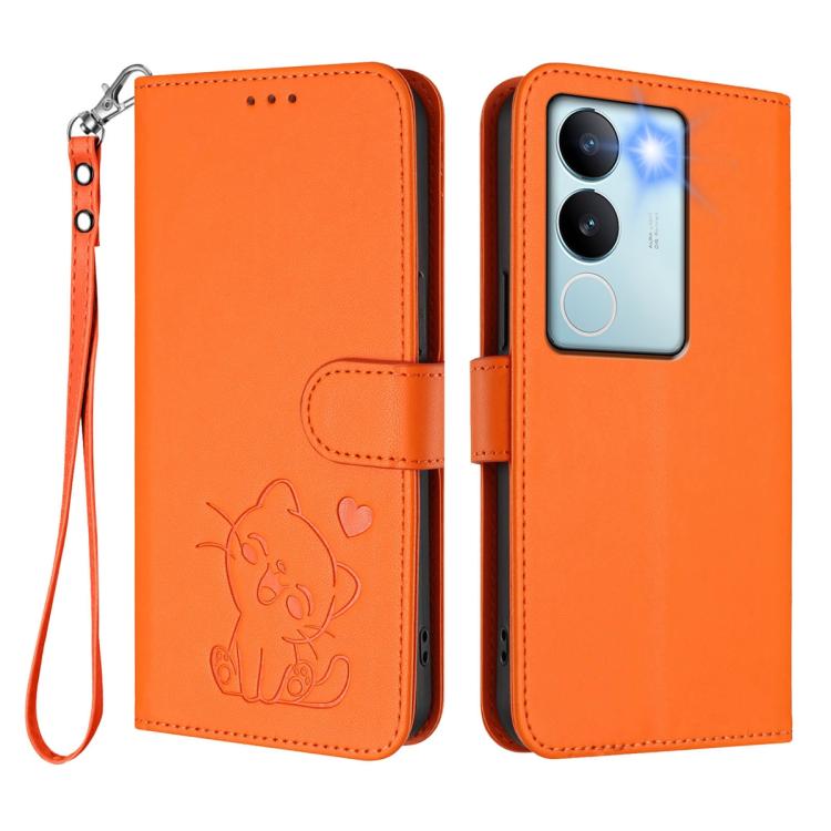 For vivo S17 / S17 Pro / S17t / V29 / V29 Pro Embossed Heart Cat Leather Phone Case with Hand Strap