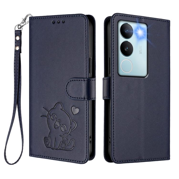 For vivo S17 / S17 Pro / S17t / V29 / V29 Pro Embossed Heart Cat Leather Phone Case with Hand Strap