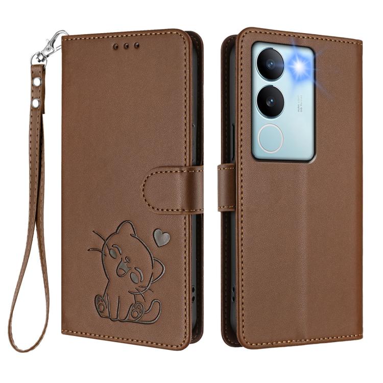 For vivo S17 / S17 Pro / S17t / V29 / V29 Pro Embossed Heart Cat Leather Phone Case with Hand Strap