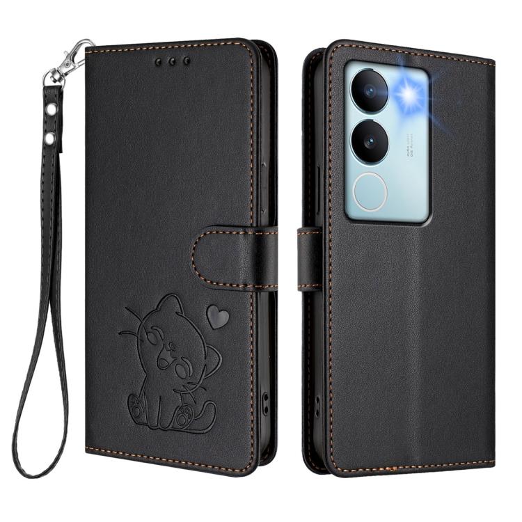 For vivo S17 / S17 Pro / S17t / V29 / V29 Pro Embossed Heart Cat Leather Phone Case with Hand Strap