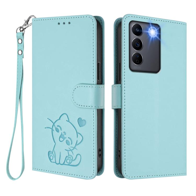 For vivo S16 / S16 Pro / V27 / V27 Pro Embossed Heart Cat Leather Phone Case with Hand Strap