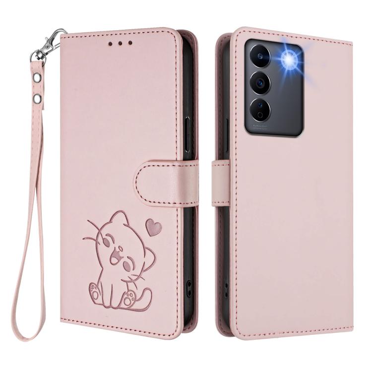 For vivo S16e / V27e / T2 Embossed Heart Cat Leather Phone Case with Hand Strap