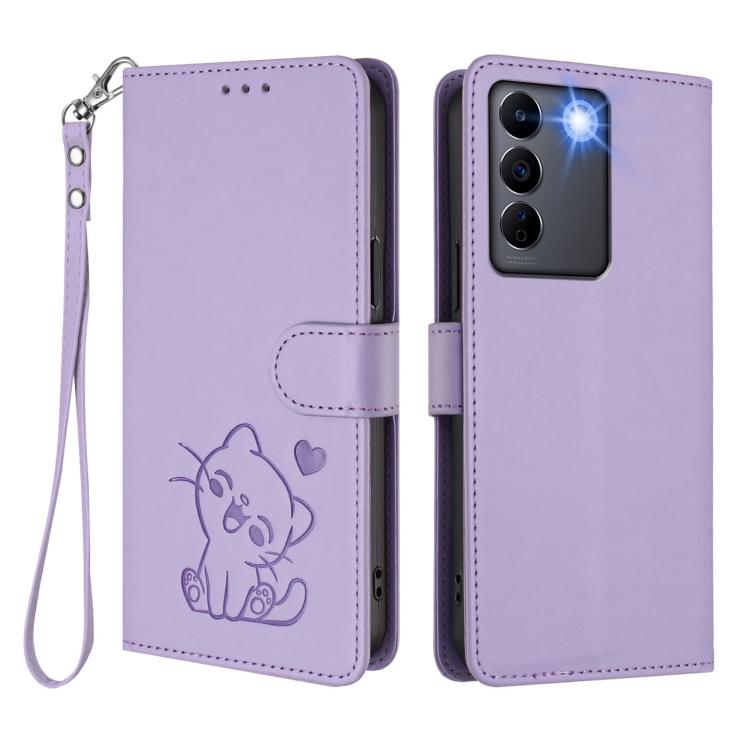For vivo S16e / V27e / T2 Embossed Heart Cat Leather Phone Case with Hand Strap