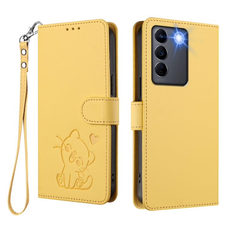 For vivo S16e / V27e / T2 Embossed Heart Cat Leather Phone Case with Hand Strap