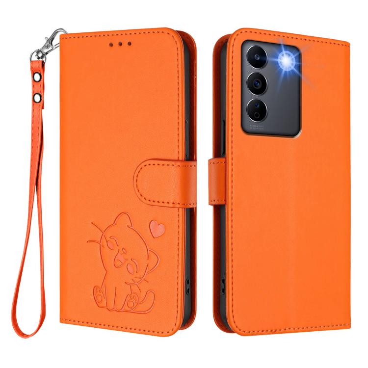 For vivo S16e / V27e / T2 Embossed Heart Cat Leather Phone Case with Hand Strap