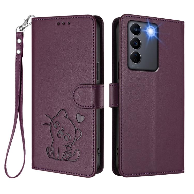 For vivo S16e / V27e / T2 Embossed Heart Cat Leather Phone Case with Hand Strap