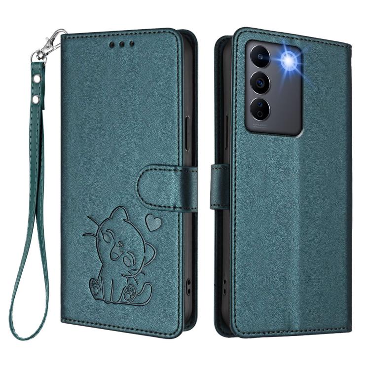 For vivo S16e / V27e / T2 Embossed Heart Cat Leather Phone Case with Hand Strap