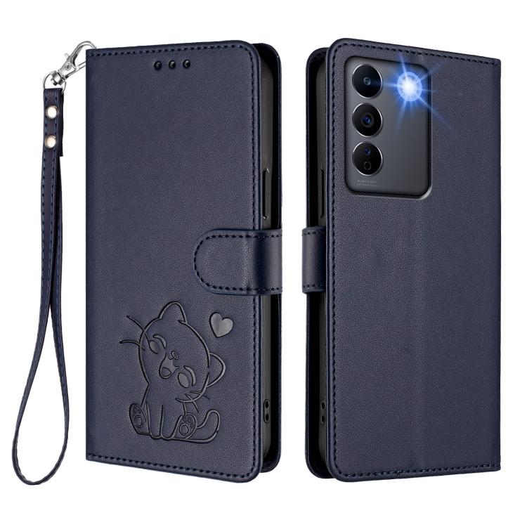 For vivo S16e / V27e / T2 Embossed Heart Cat Leather Phone Case with Hand Strap
