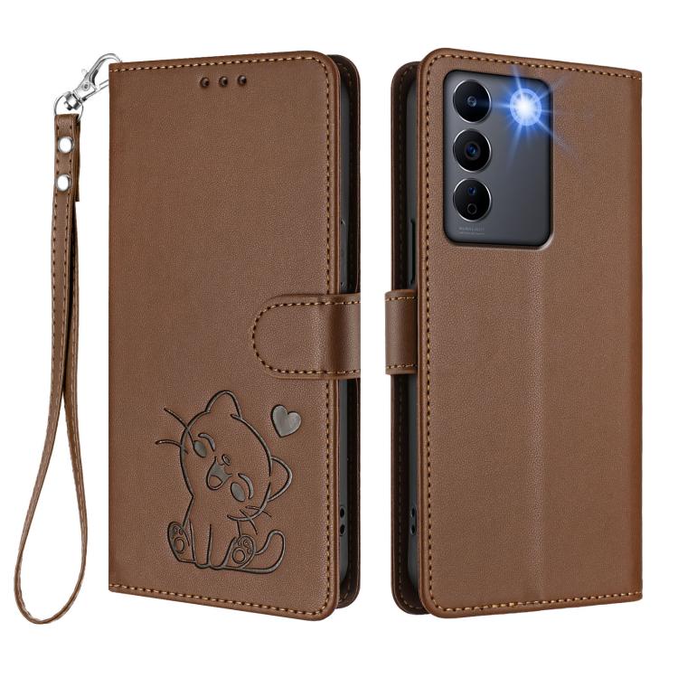For vivo S16e / V27e / T2 Embossed Heart Cat Leather Phone Case with Hand Strap