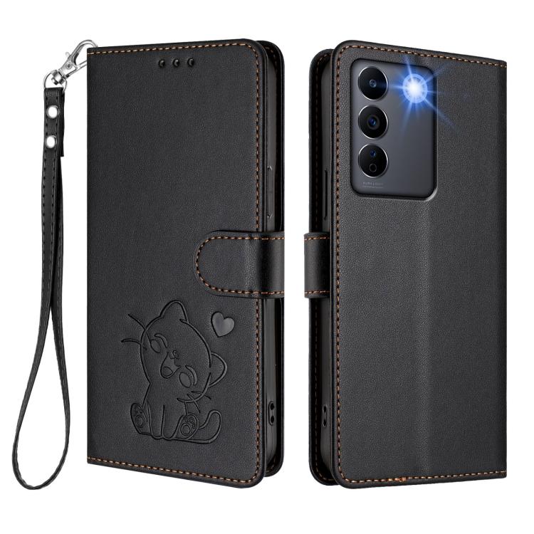 For vivo S16e / V27e / T2 Embossed Heart Cat Leather Phone Case with Hand Strap