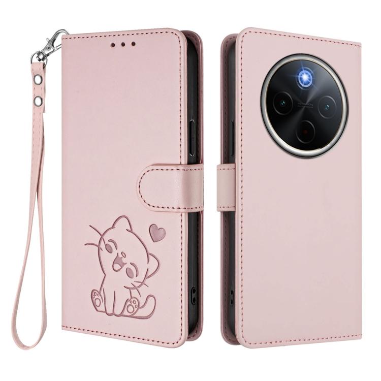 For vivo iQOO Z10 / Y300 Pro+ / T4 Embossed Heart Cat Leather Phone Case with Hand Strap