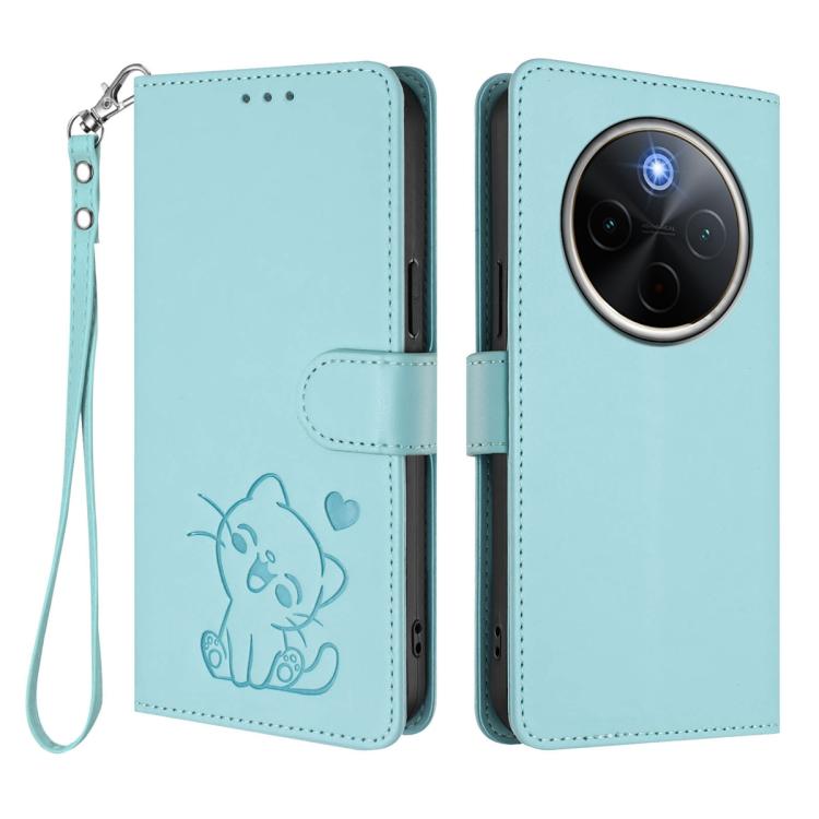 For vivo iQOO Z10 / Y300 Pro+ / T4 Embossed Heart Cat Leather Phone Case with Hand Strap