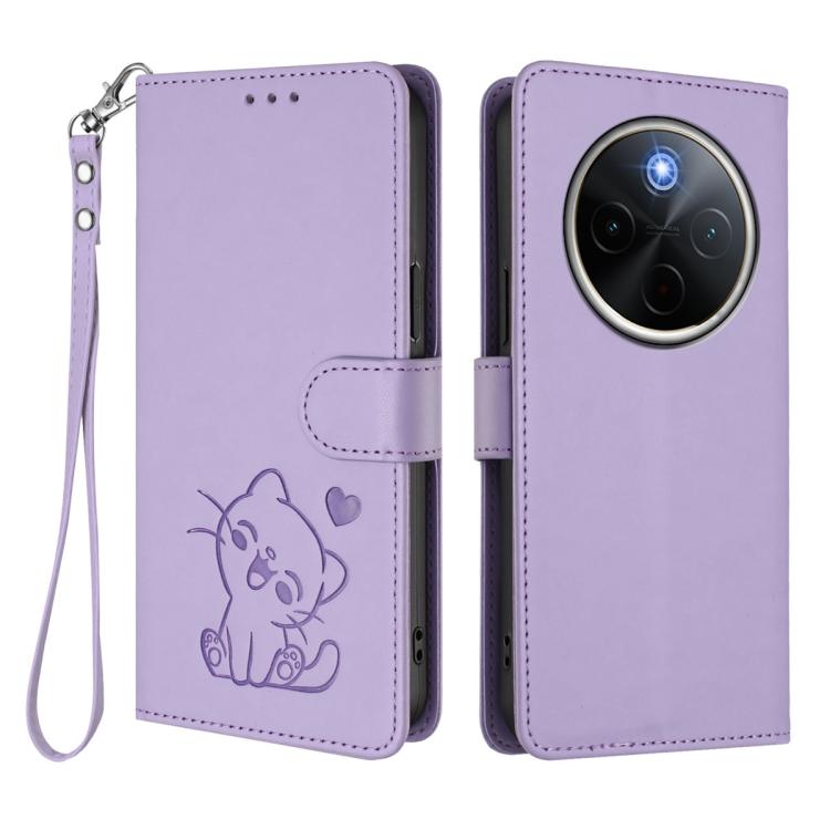For vivo iQOO Z10 / Y300 Pro+ / T4 Embossed Heart Cat Leather Phone Case with Hand Strap