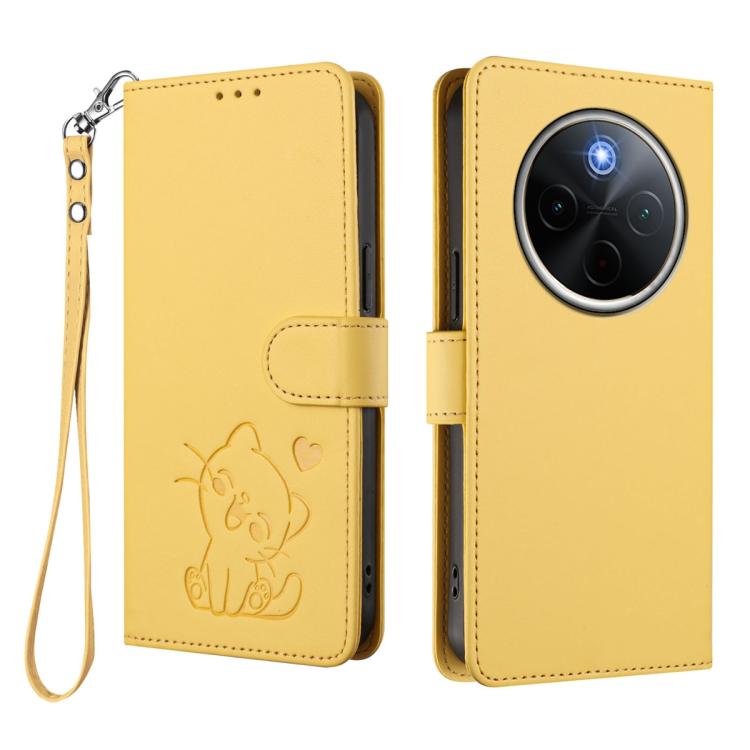 For vivo iQOO Z10 / Y300 Pro+ / T4 Embossed Heart Cat Leather Phone Case with Hand Strap