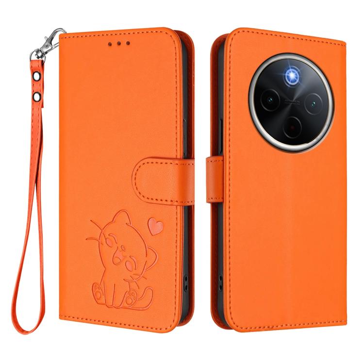 For vivo iQOO Z10 / Y300 Pro+ / T4 Embossed Heart Cat Leather Phone Case with Hand Strap