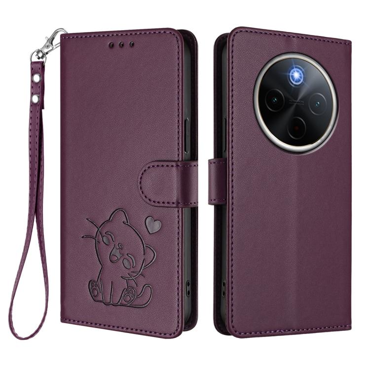 For vivo iQOO Z10 / Y300 Pro+ / T4 Embossed Heart Cat Leather Phone Case with Hand Strap