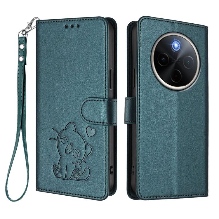 For vivo iQOO Z10 / Y300 Pro+ / T4 Embossed Heart Cat Leather Phone Case with Hand Strap