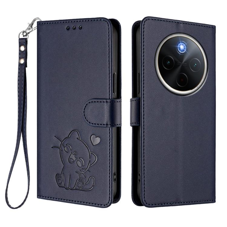 For vivo iQOO Z10 / Y300 Pro+ / T4 Embossed Heart Cat Leather Phone Case with Hand Strap