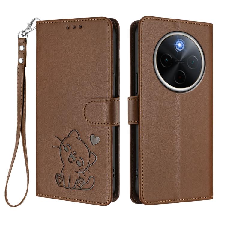For vivo iQOO Z10 / Y300 Pro+ / T4 Embossed Heart Cat Leather Phone Case with Hand Strap