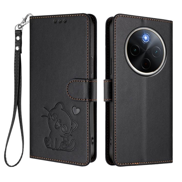For vivo iQOO Z10 / Y300 Pro+ / T4 Embossed Heart Cat Leather Phone Case with Hand Strap