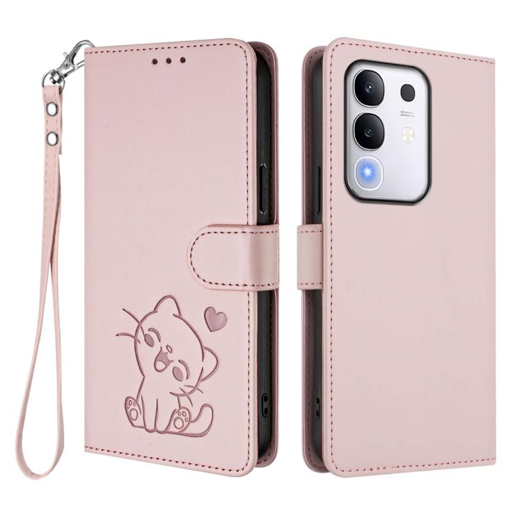 For vivo iQOO Z10x / Y29 4G / T4x / Y300t Embossed Heart Cat Leather Phone Case with Hand Strap