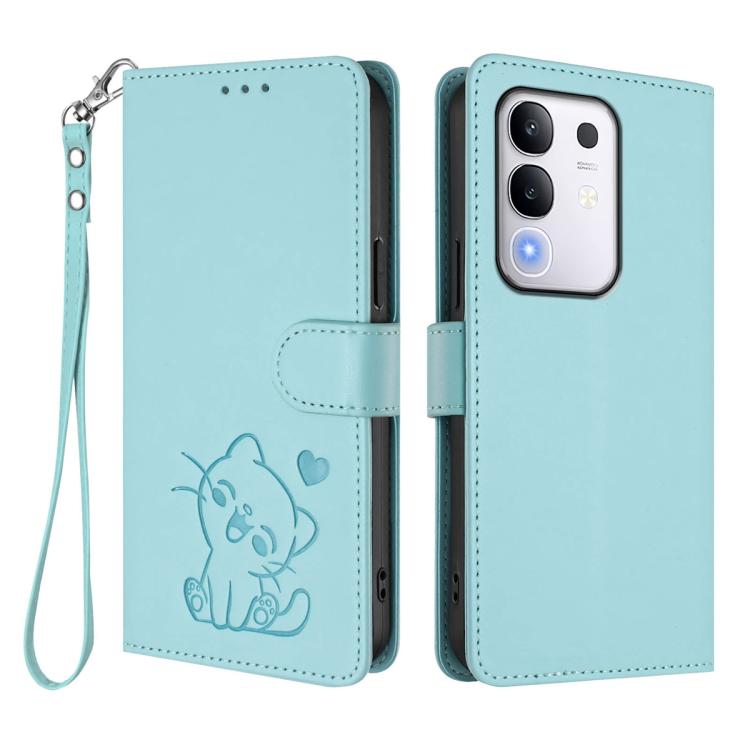 For vivo iQOO Z10x / Y29 4G / T4x / Y300t Embossed Heart Cat Leather Phone Case with Hand Strap