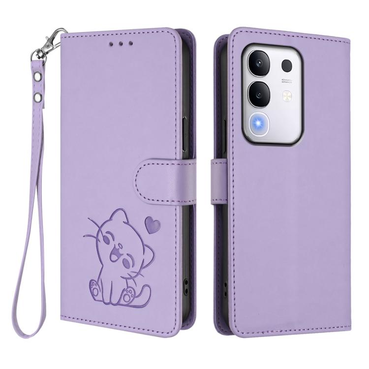 For vivo iQOO Z10x / Y29 4G / T4x / Y300t Embossed Heart Cat Leather Phone Case with Hand Strap