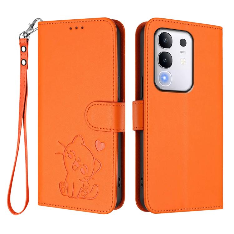 For vivo iQOO Z10x / Y29 4G / T4x / Y300t Embossed Heart Cat Leather Phone Case with Hand Strap