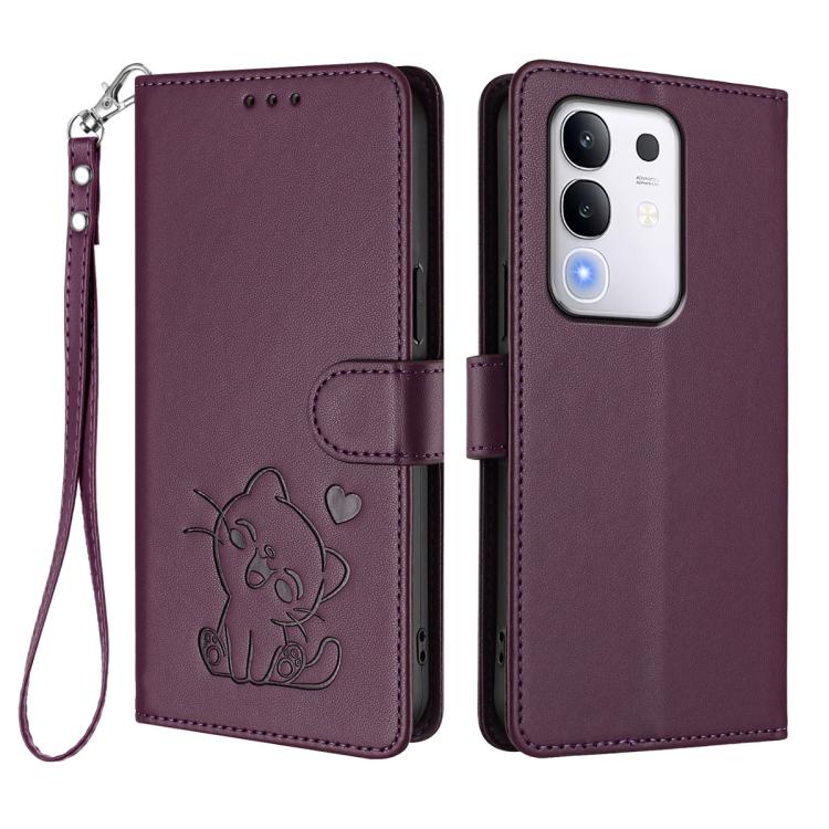 For vivo iQOO Z10x / Y29 4G / T4x / Y300t Embossed Heart Cat Leather Phone Case with Hand Strap