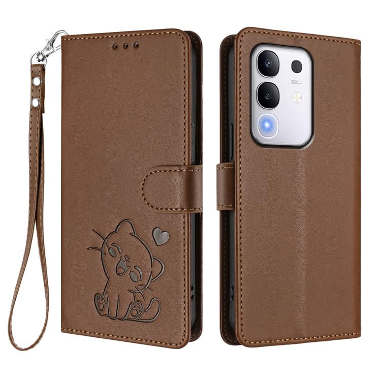 For vivo iQOO Z10x / Y29 4G / T4x / Y300t Embossed Heart Cat Leather Phone Case with Hand Strap
