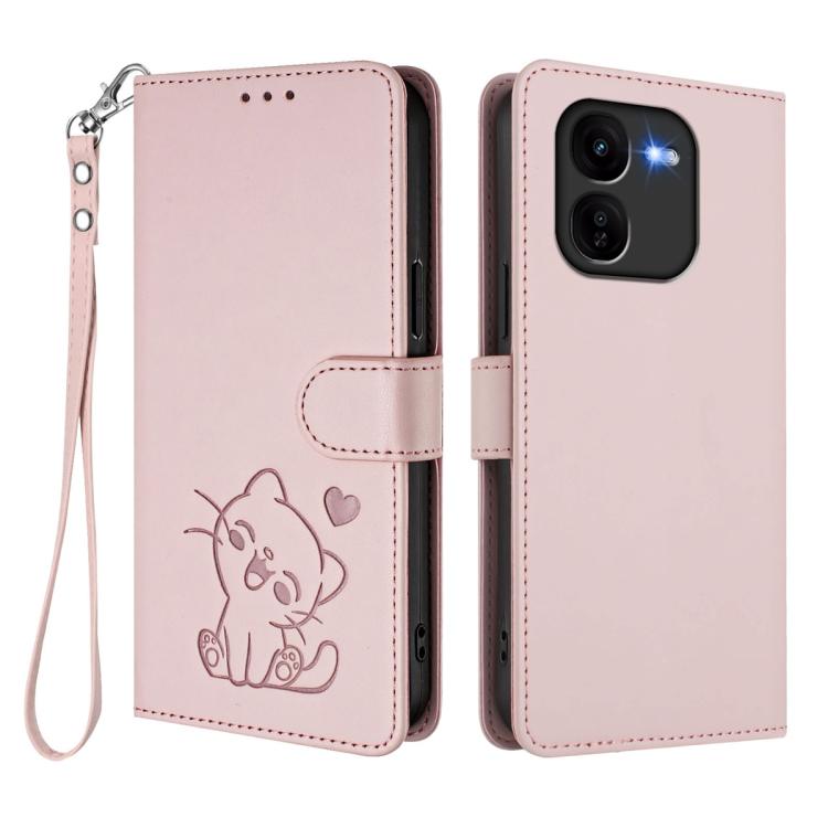 For vivo iQOO Z9x Embossed Heart Cat Leather Phone Case with Hand Strap