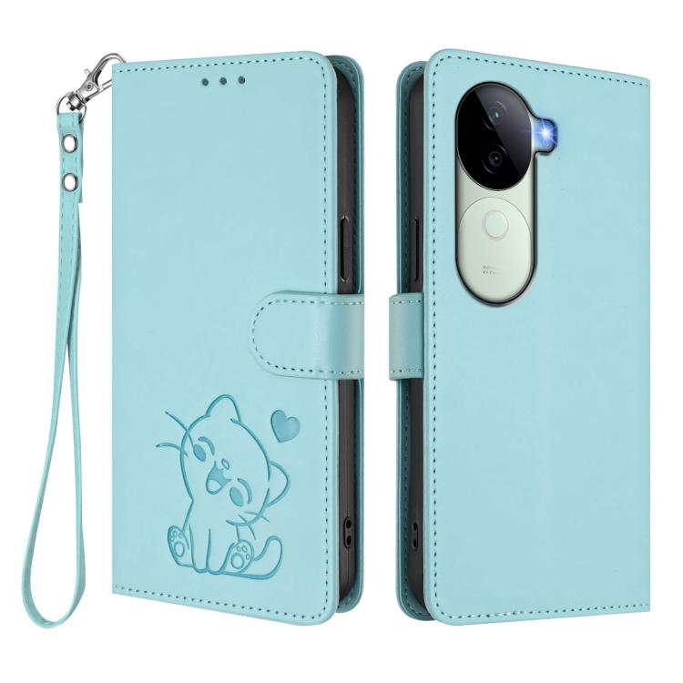 For vivo iQOO Z9s / vivo V40e Embossed Heart Cat Leather Phone Case with Hand Strap