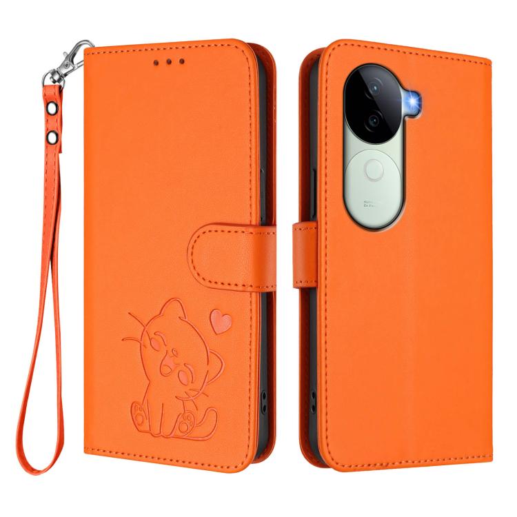 For vivo iQOO Z9s / vivo V40e Embossed Heart Cat Leather Phone Case with Hand Strap