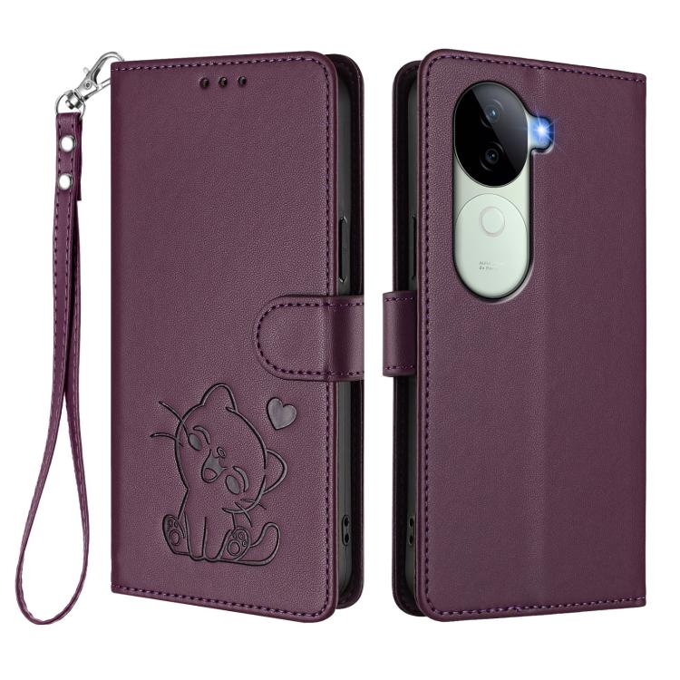 For vivo iQOO Z9s / vivo V40e Embossed Heart Cat Leather Phone Case with Hand Strap