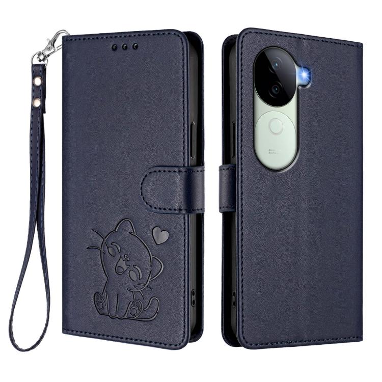 For vivo iQOO Z9s / vivo V40e Embossed Heart Cat Leather Phone Case with Hand Strap