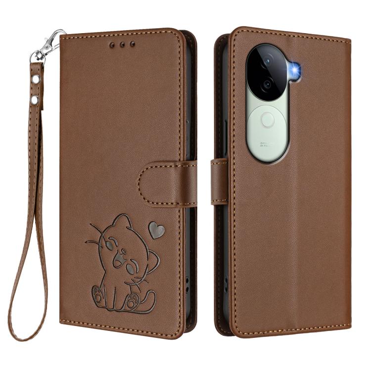 For vivo iQOO Z9s / vivo V40e Embossed Heart Cat Leather Phone Case with Hand Strap