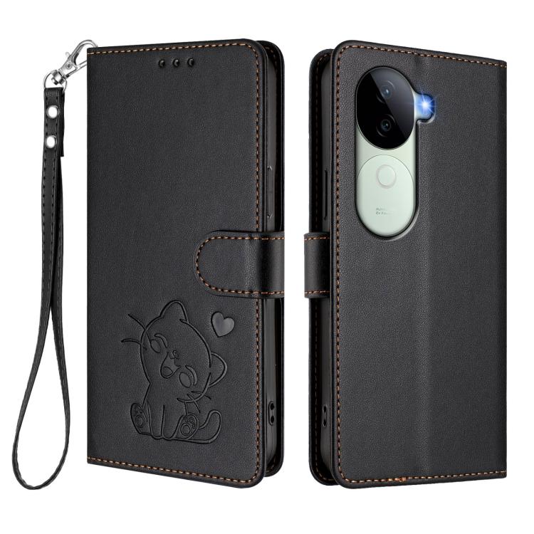 For vivo iQOO Z9s / vivo V40e Embossed Heart Cat Leather Phone Case with Hand Strap