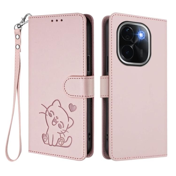 For vivo iQOO Z9s Pro / vivo T3 Pro 5G Embossed Heart Cat Leather Phone Case with Hand Strap
