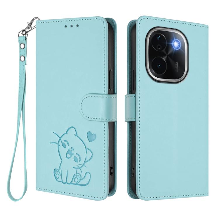 For vivo iQOO Z9s Pro / vivo T3 Pro 5G Embossed Heart Cat Leather Phone Case with Hand Strap