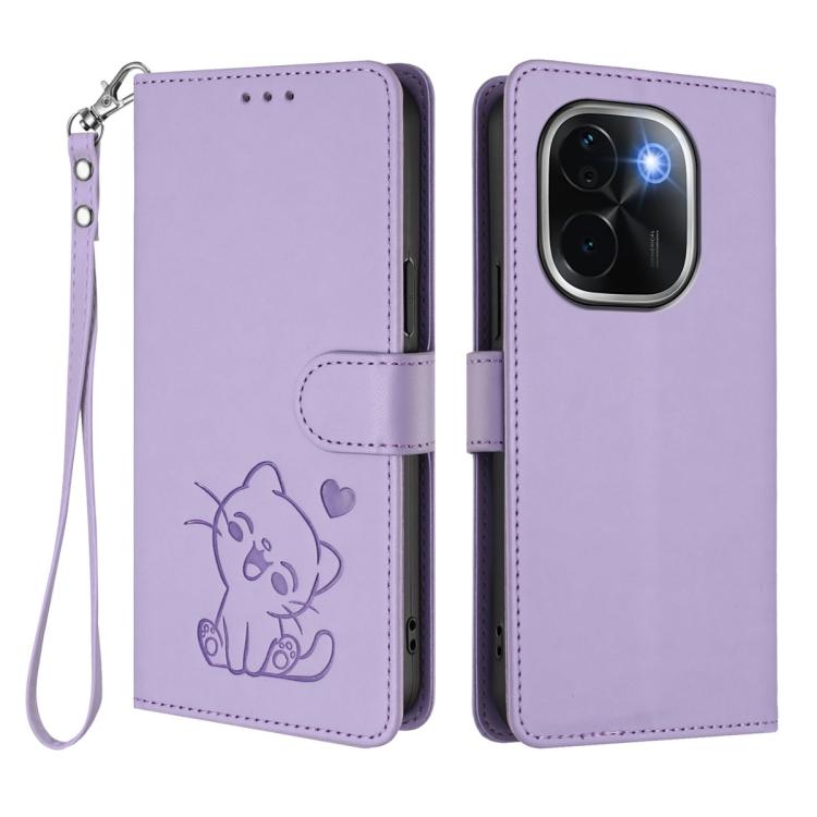 For vivo iQOO Z9s Pro / vivo T3 Pro 5G Embossed Heart Cat Leather Phone Case with Hand Strap