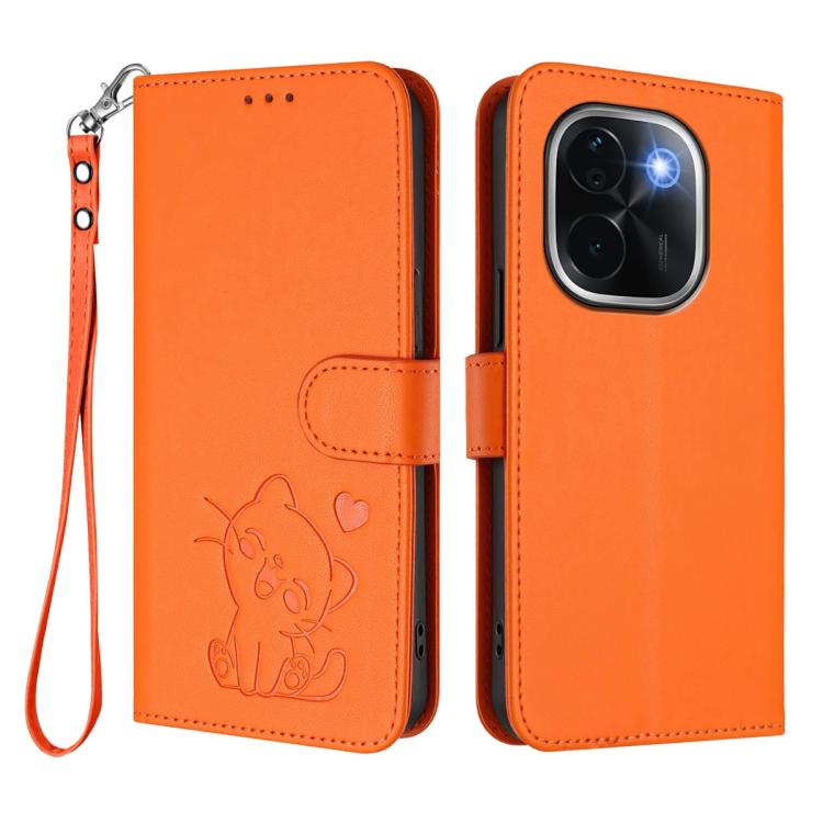 For vivo iQOO Z9s Pro / vivo T3 Pro 5G Embossed Heart Cat Leather Phone Case with Hand Strap