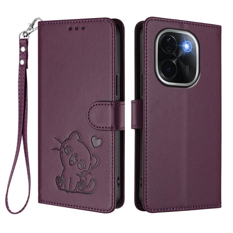 For vivo iQOO Z9s Pro / vivo T3 Pro 5G Embossed Heart Cat Leather Phone Case with Hand Strap
