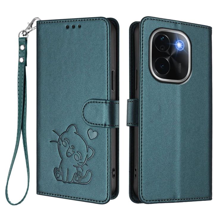 For vivo iQOO Z9s Pro / vivo T3 Pro 5G Embossed Heart Cat Leather Phone Case with Hand Strap