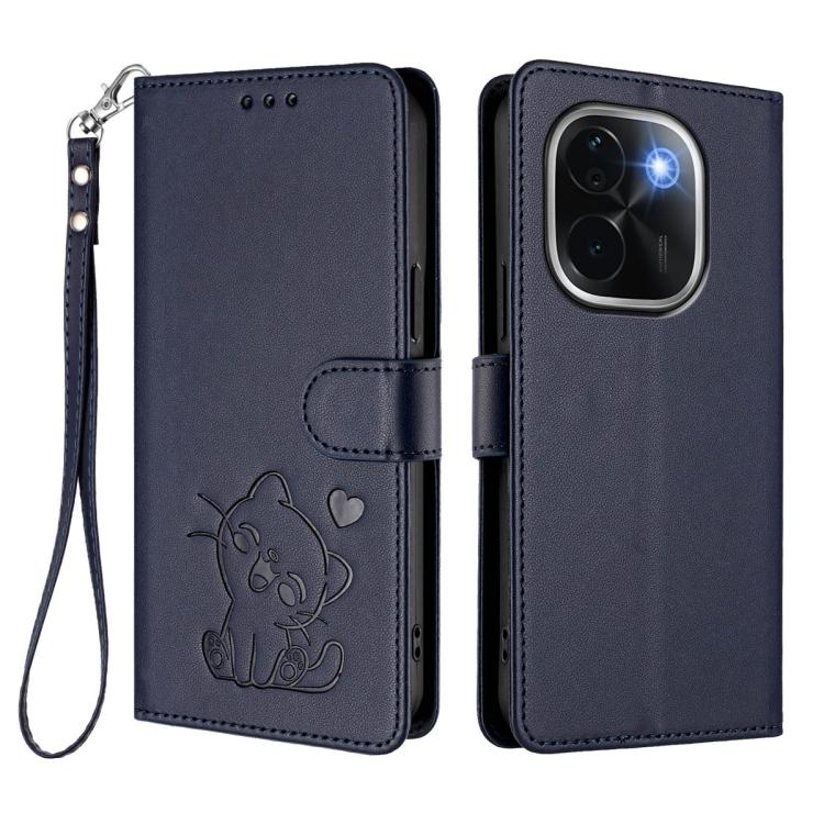 For vivo iQOO Z9s Pro / vivo T3 Pro 5G Embossed Heart Cat Leather Phone Case with Hand Strap