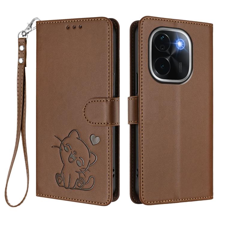 For vivo iQOO Z9s Pro / vivo T3 Pro 5G Embossed Heart Cat Leather Phone Case with Hand Strap